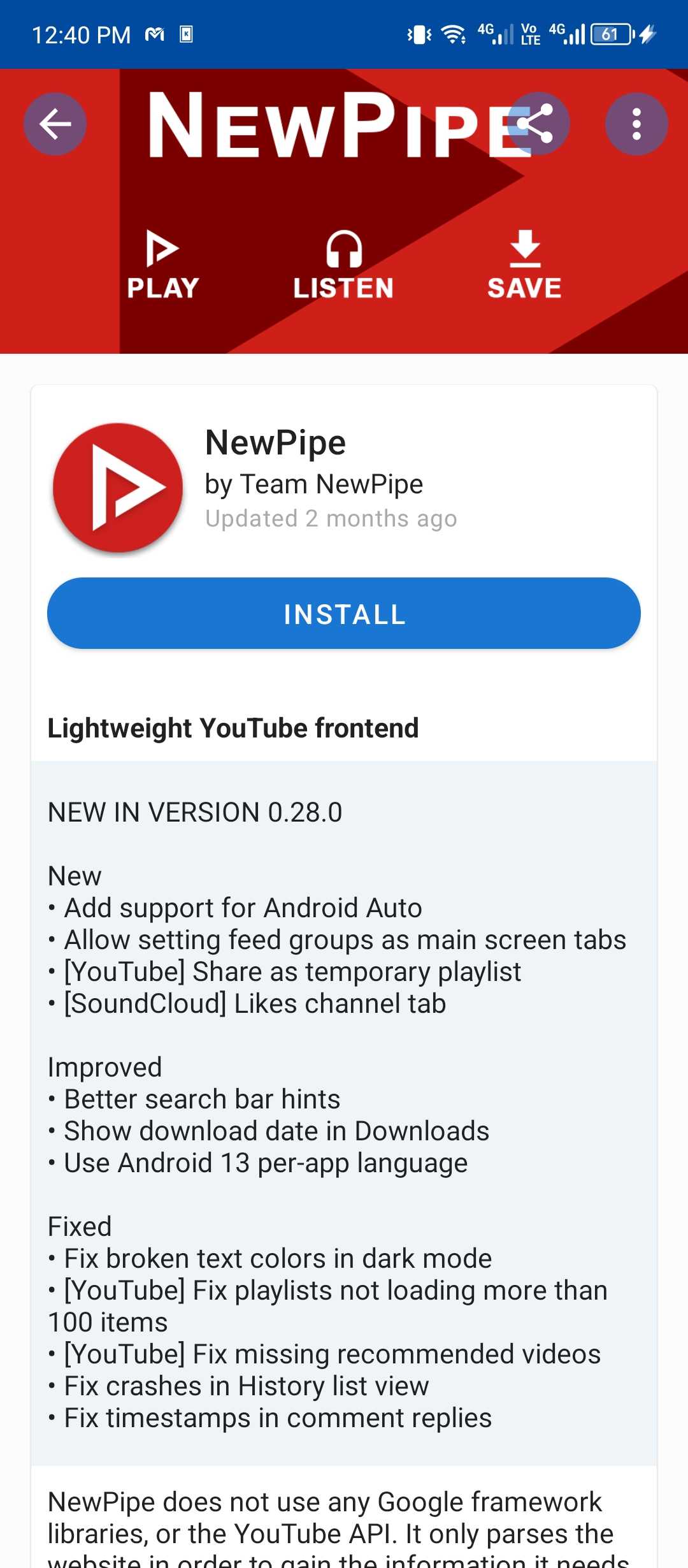 Installing NewPipe using the F-droid store.