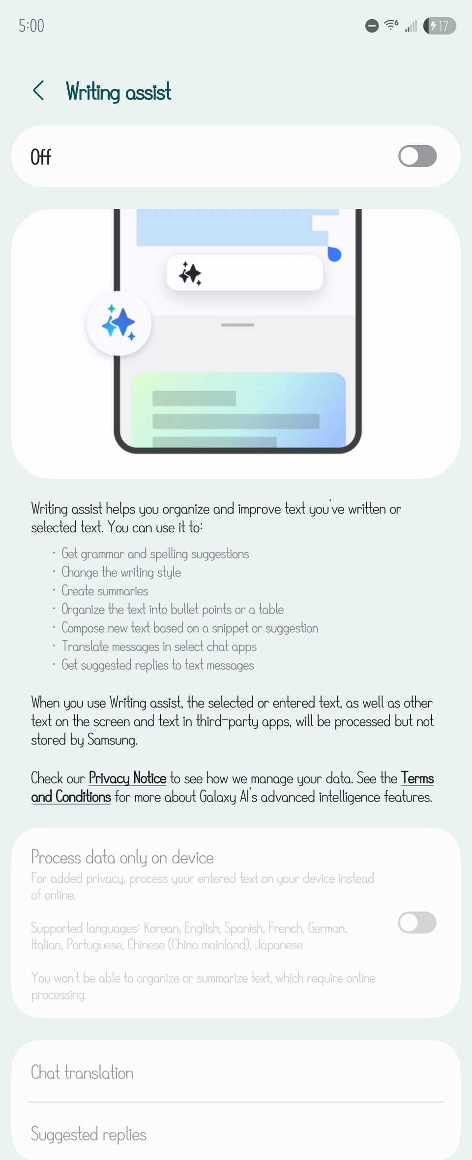 The settings page for the Writing Assist feature in Galaxy AI.