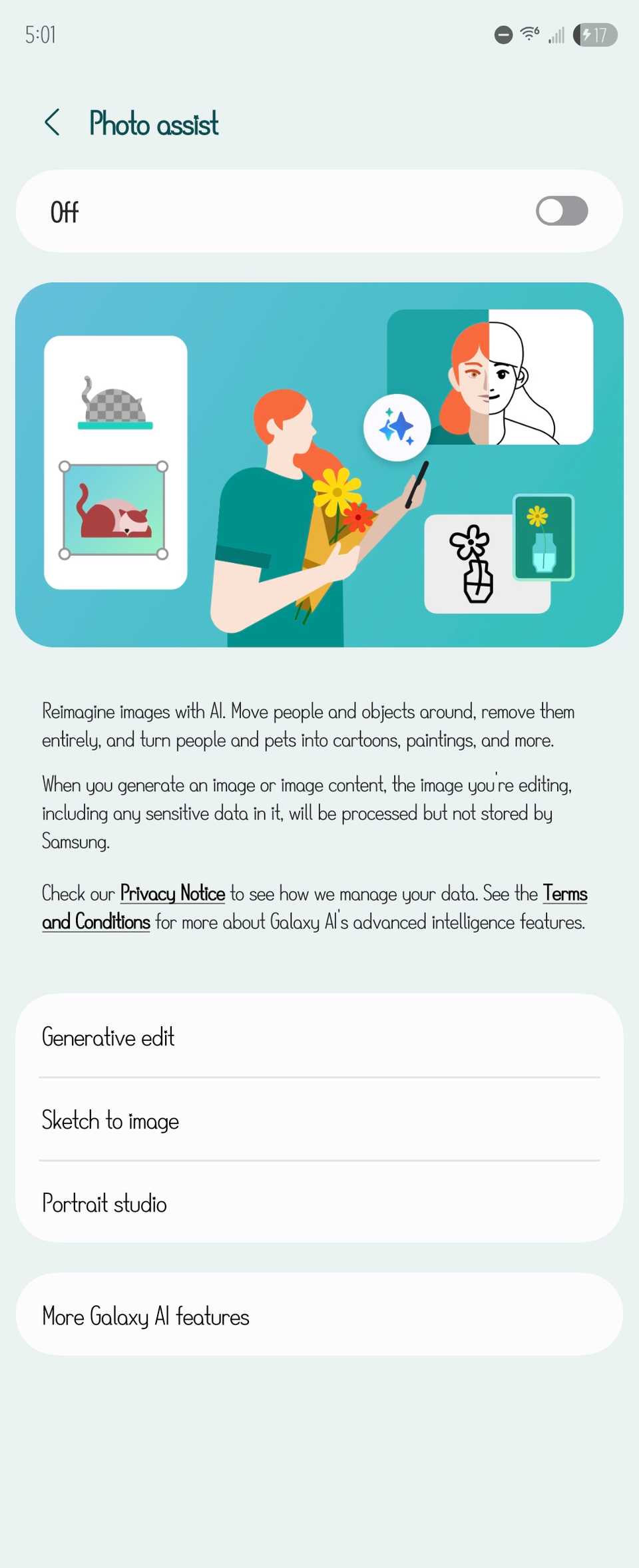 The settings page for the Photo Assist feature in Galaxy AI.