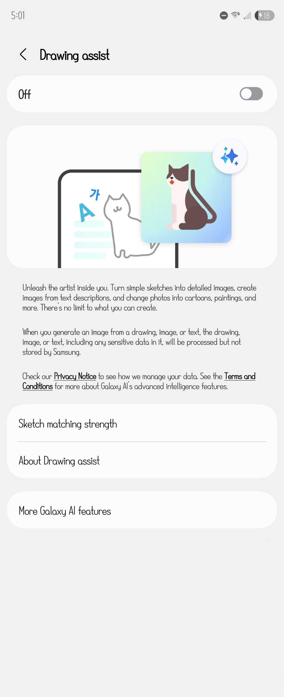 The settings page for the Drawing Assist feature in Galaxy AI.