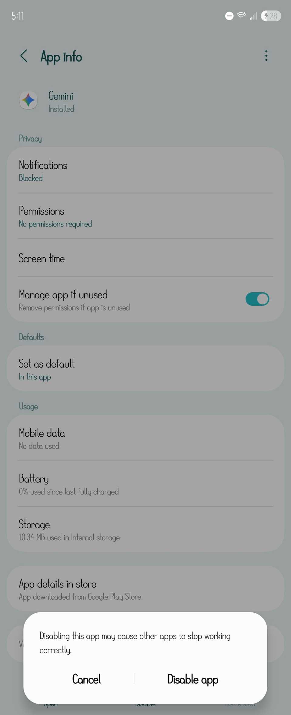 Окно предупреждения в настройках Gemini.