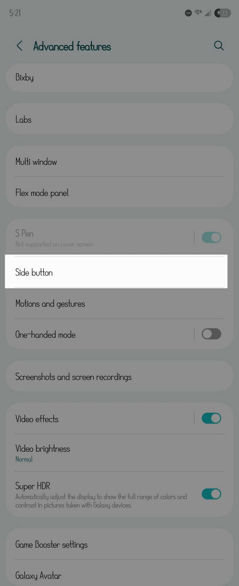 Side button section highlighted in the settings on a Samsung Galaxy phone.