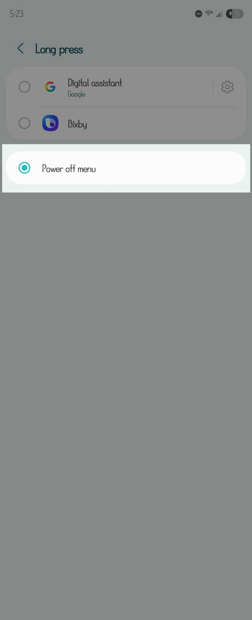 Power off menu option highlighted in the side button settings on a Samsung Galaxy phone.