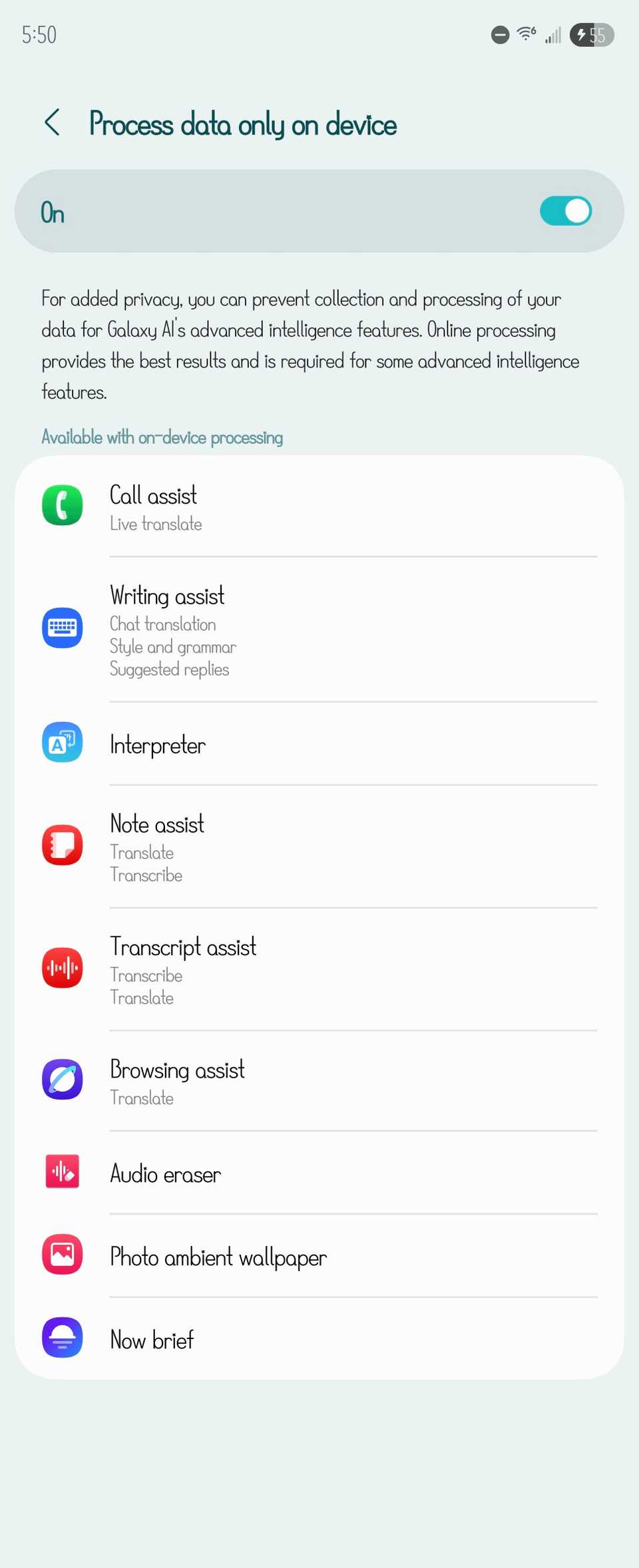 List of Galaxy AI Features that can process data only on device.