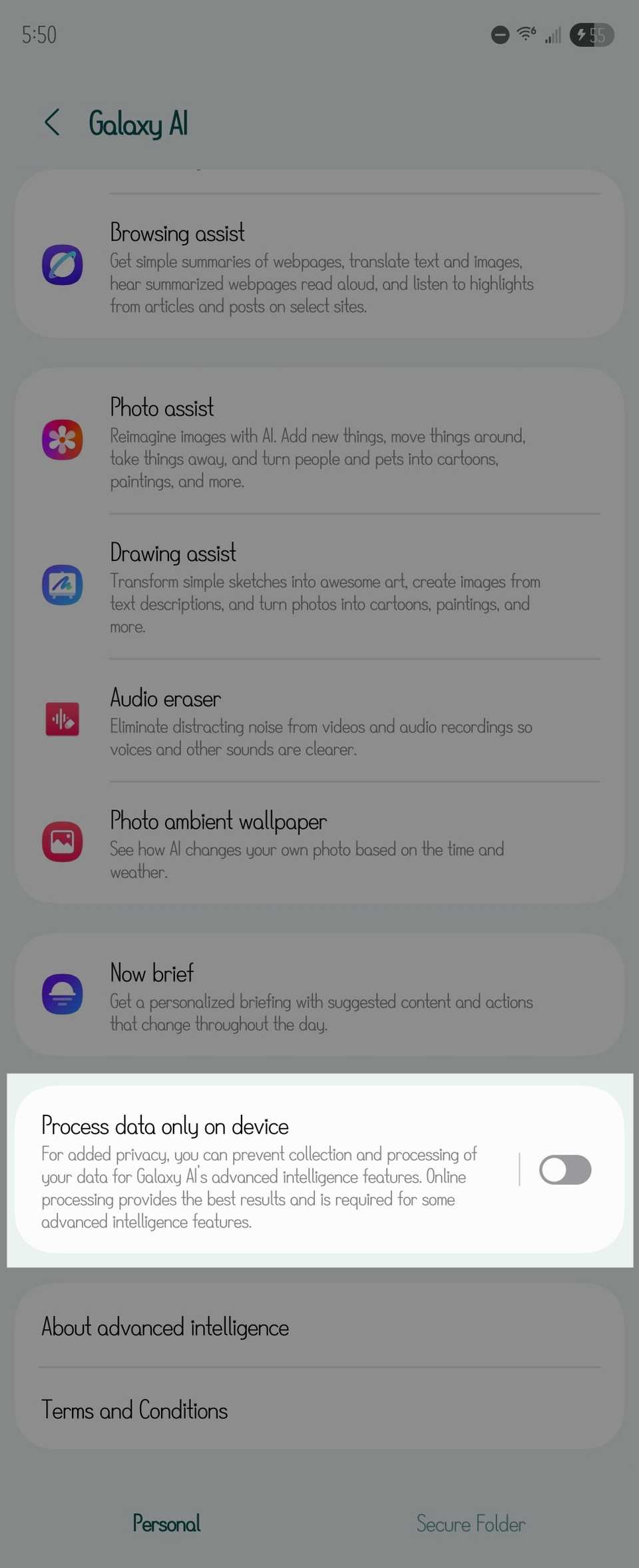 Option to process data only on device in Galaxy AI settings.