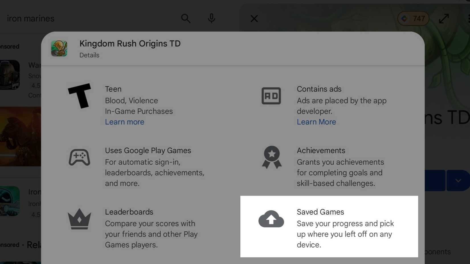 Информация об облачных сохранениях выделена на странице игры в Play Store.