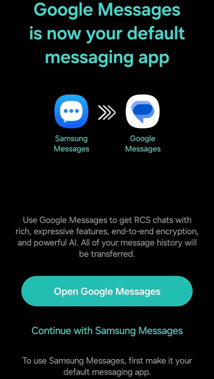 A Samsung Messages notification about moving to Google Messages. 