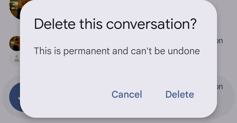 Google Messages delete popup.