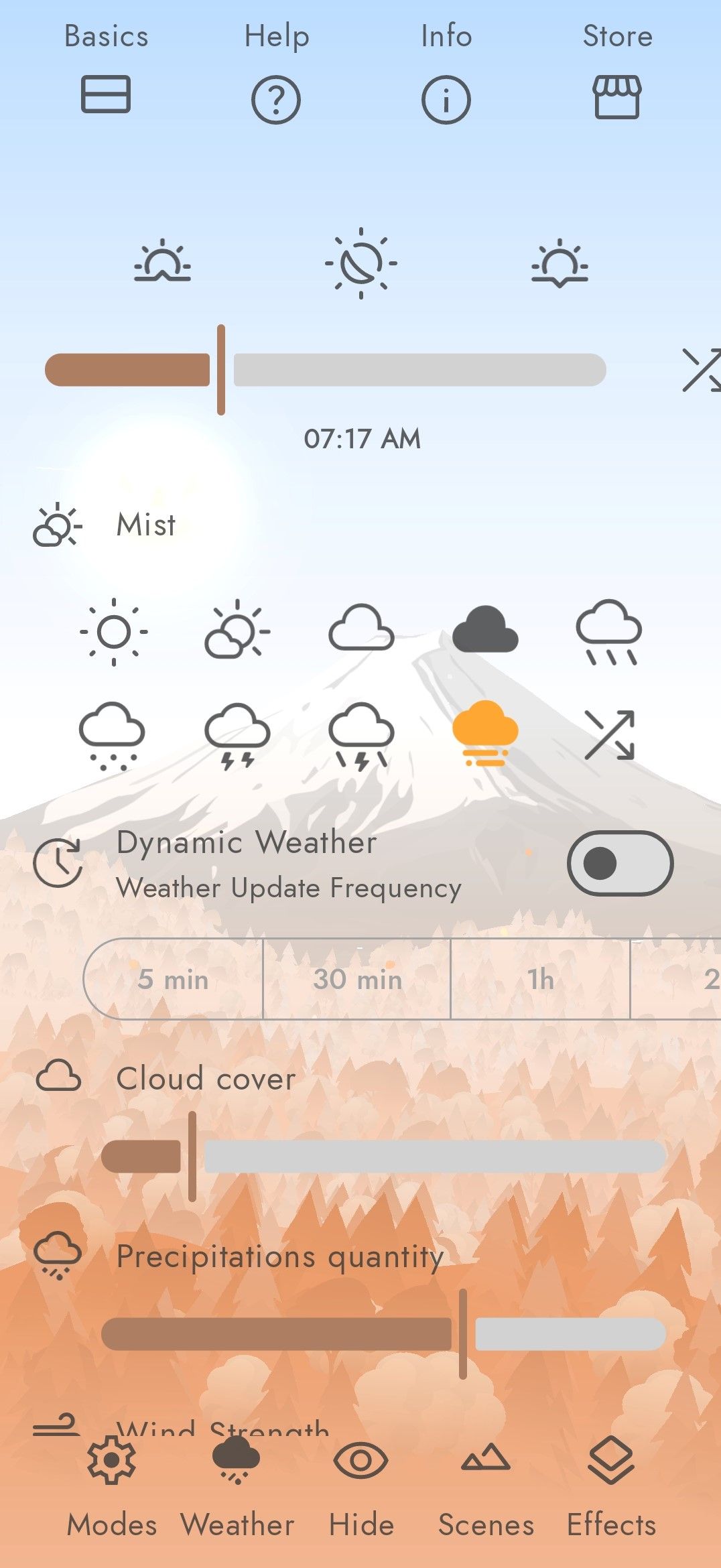 Dynamic wallpaper changes based on ambient weather.