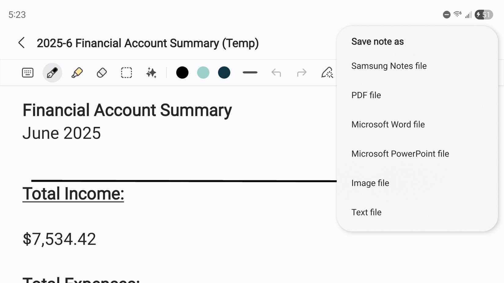 Export options in Samsung Notes.