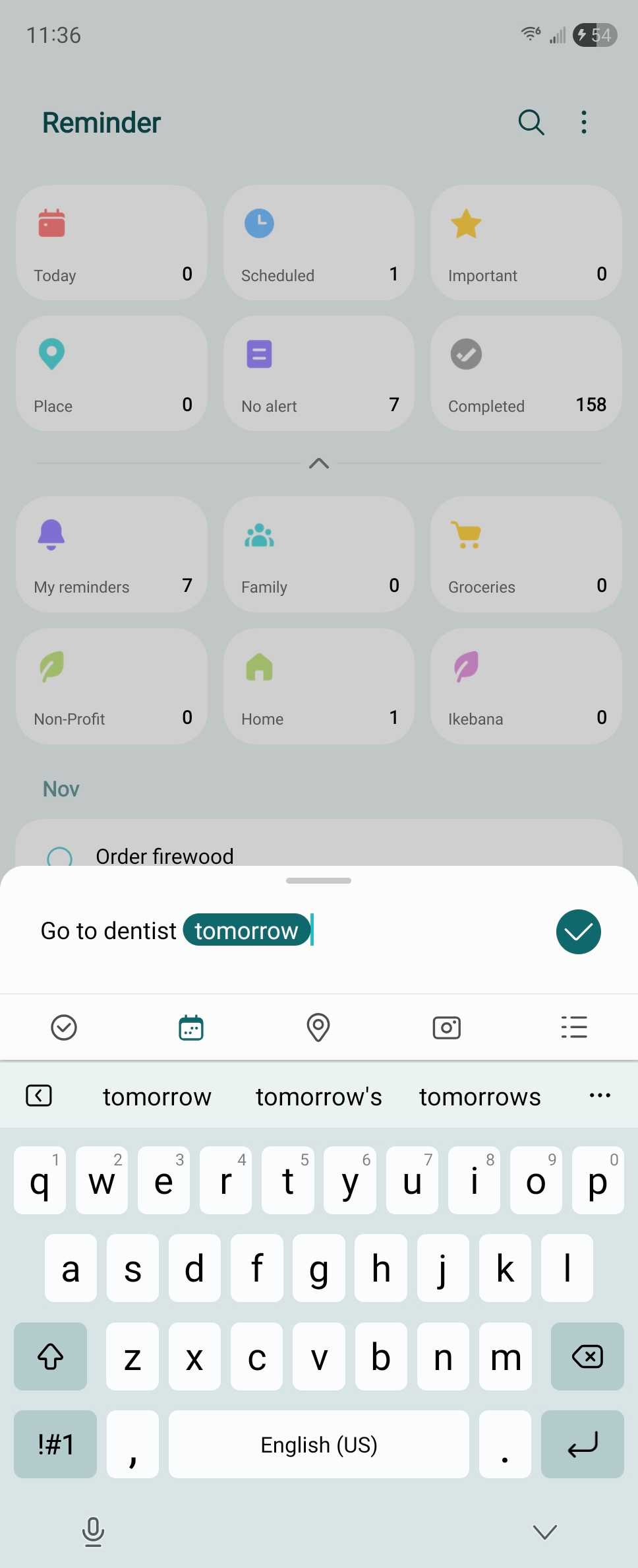 A new task being created in Samsung Reminder on Android.
