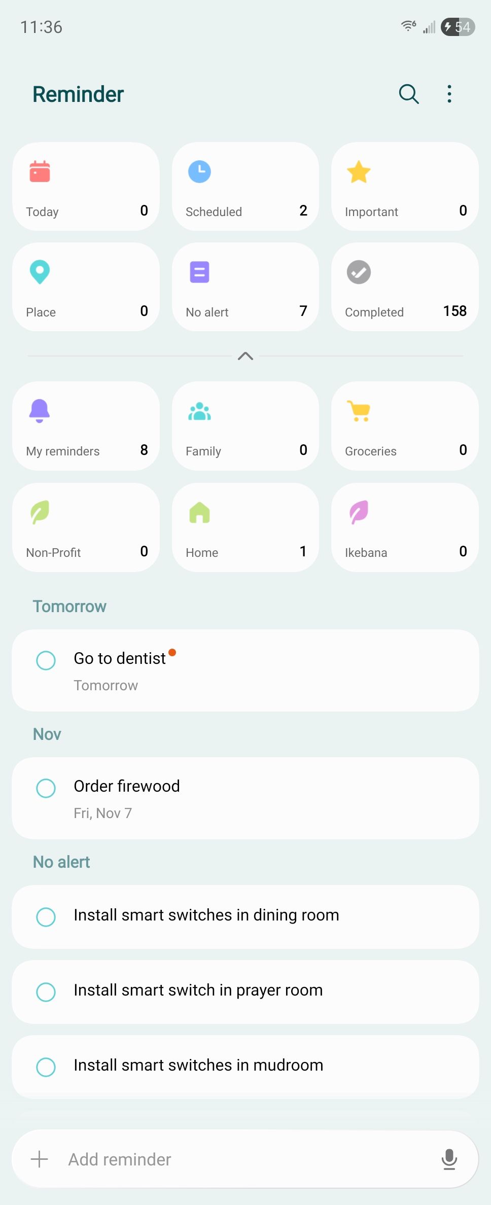 Current tasks in Samsung Reminder on Android.