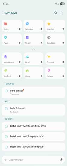 Current tasks in Samsung Reminder on Android.