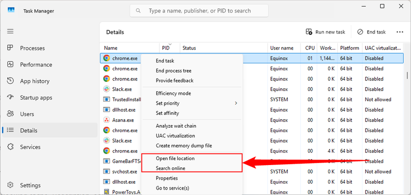 Search online or open file location.
