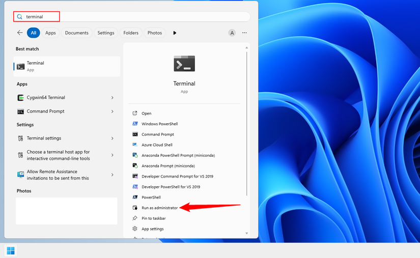 Search and launch the Terminal as administrator.