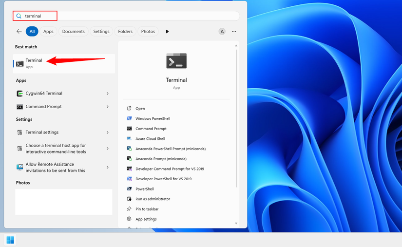 Search and launch the Terminal (not as an administrator).