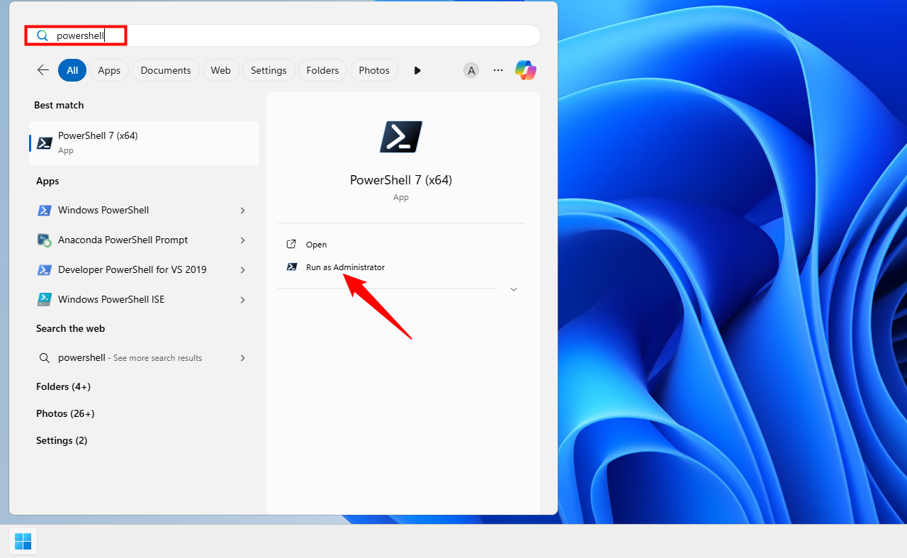 Searching for Powershell in the Windows Start Menu.