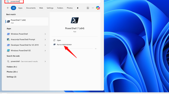 Searching for Powershell in the Windows Start Menu.