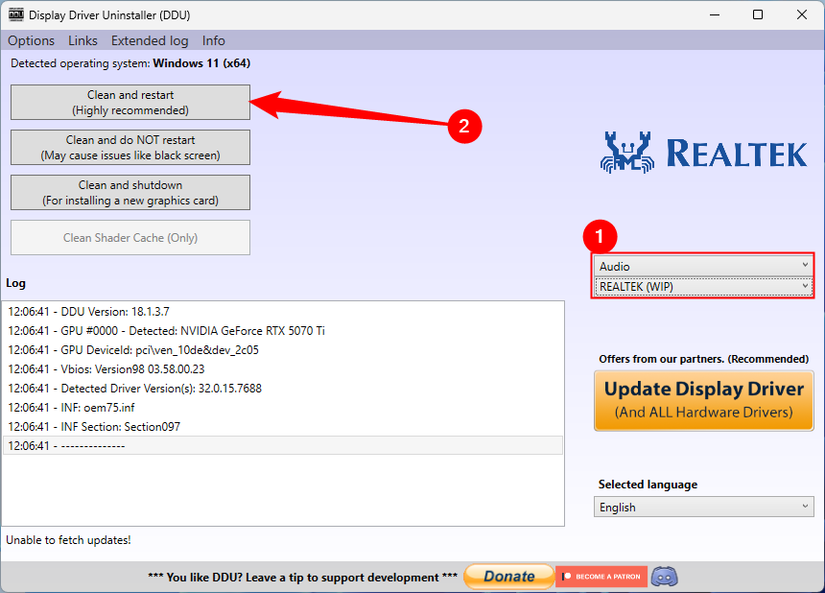 Selecione os drivers que deseja remover, clique em limpar e reinicie.