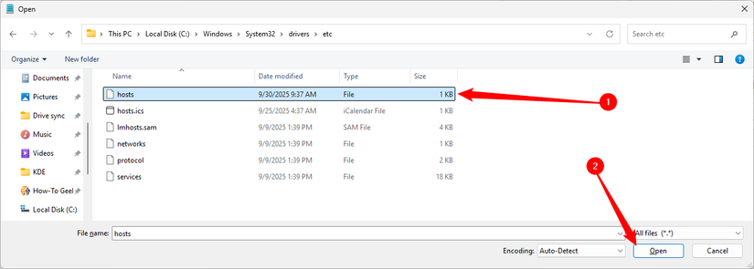 Select the hosts file, then click "Open."