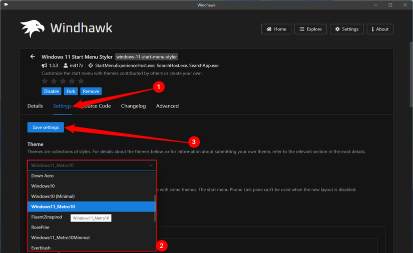 Selecting a new Start menu reminiscent of Windows 10.