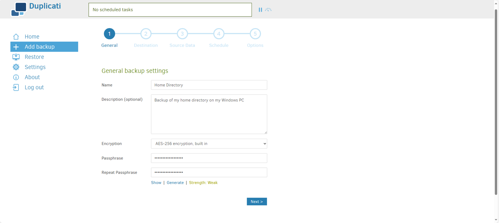 Establecer la frase de contraseña para una nueva copia de seguridad en Duplicati.