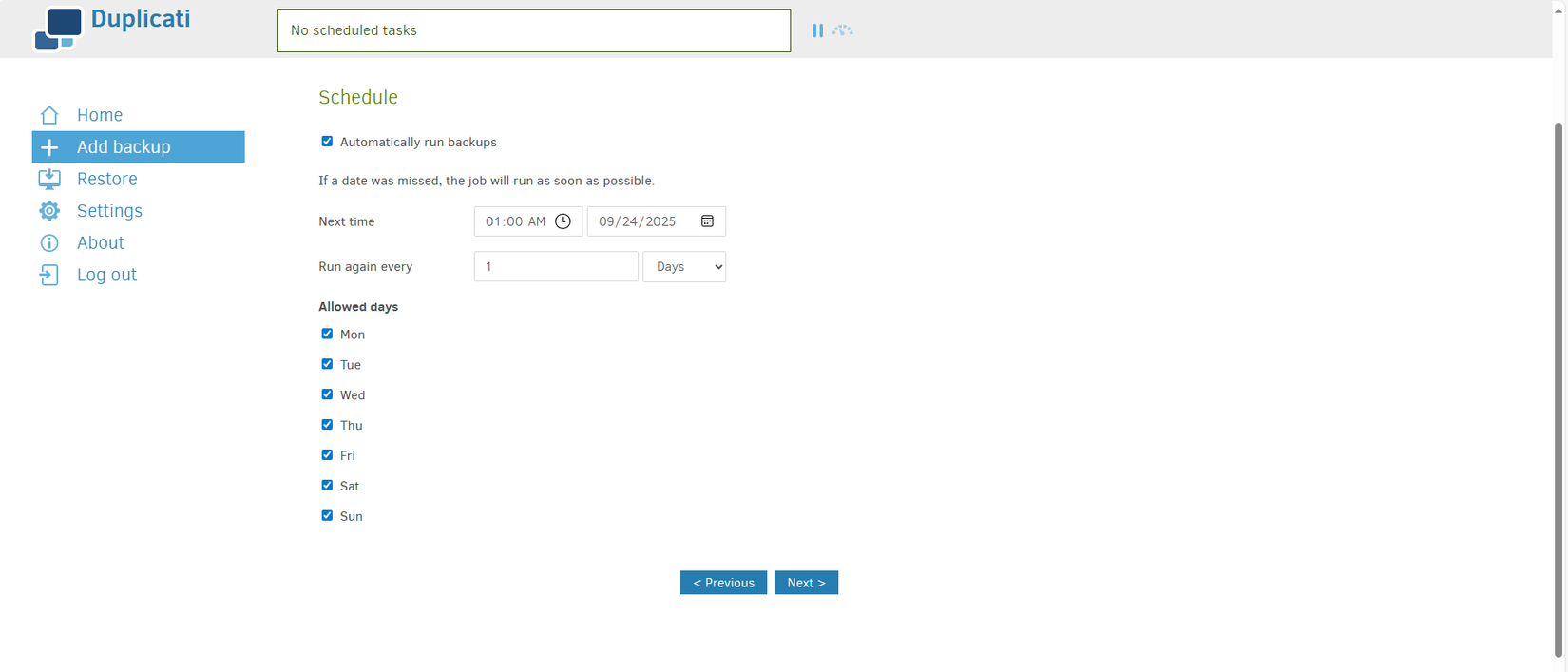 Configuración del cronograma para una tarea de copia de seguridad duplicada.