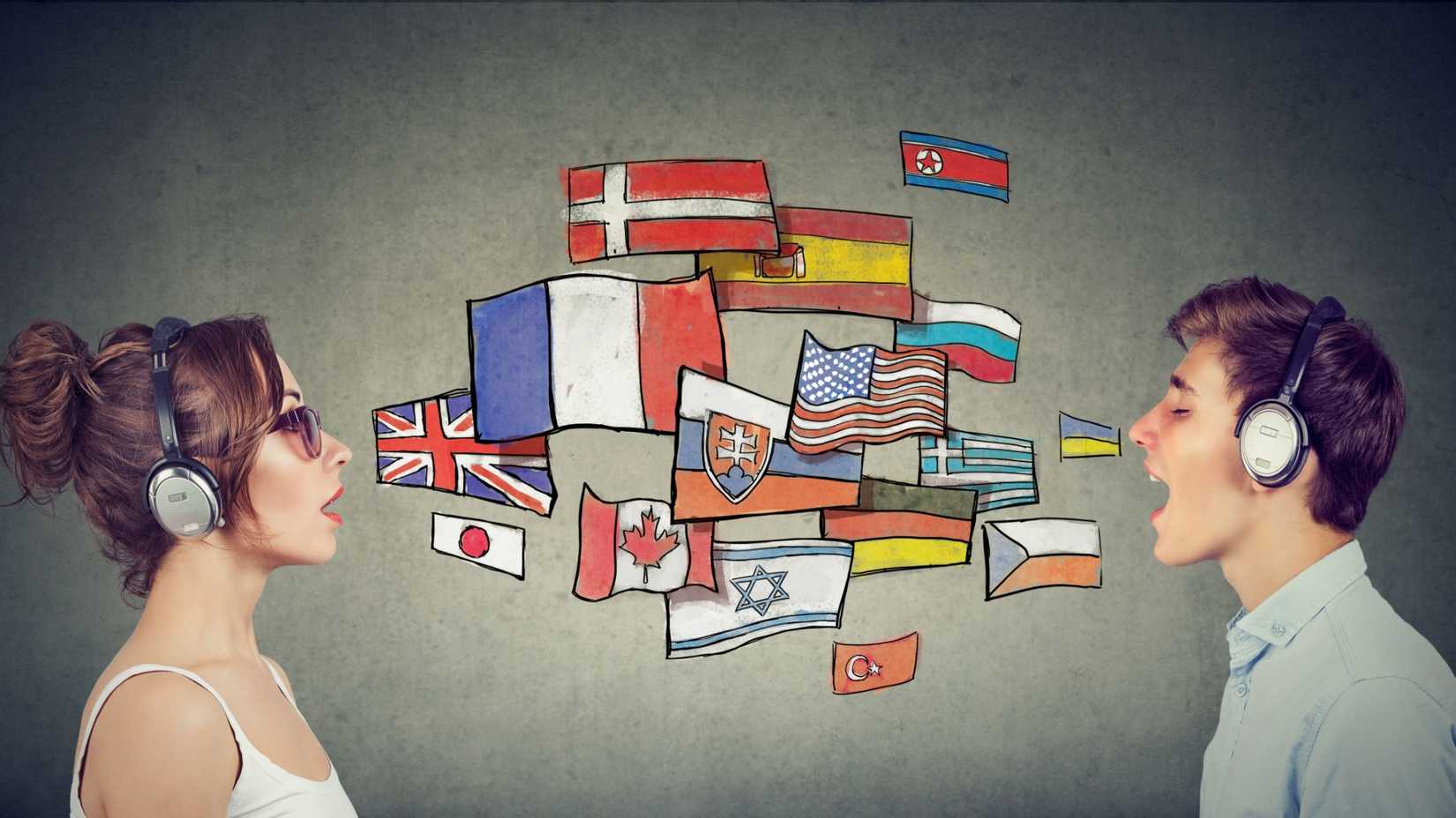 Young woman and man in headphones learning different languages.