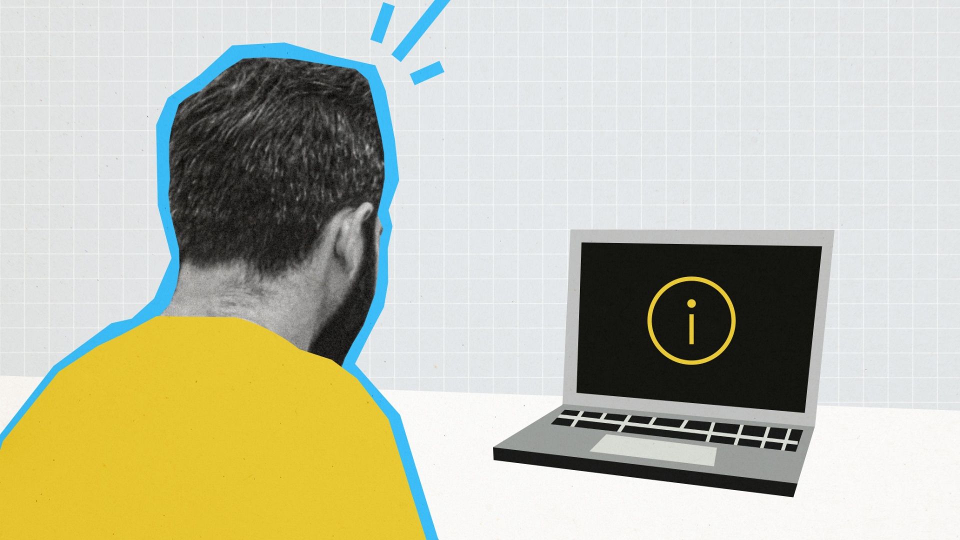 A collage image of a man looking at an error symbol on a Mac screen.