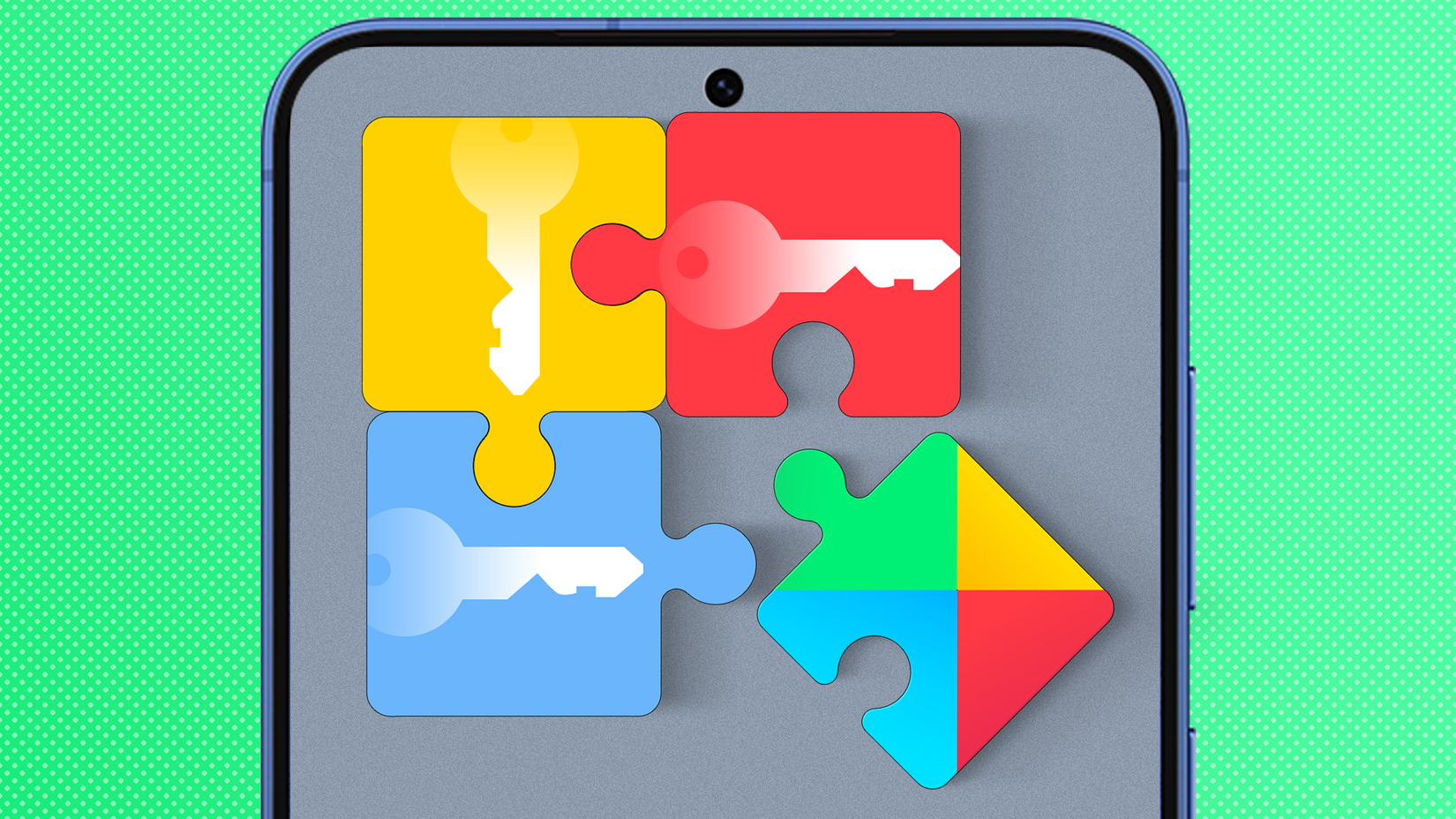 Smartphone screen showing colorful puzzle pieces with key symbols, fitting together with the Google Play Services logo piece.