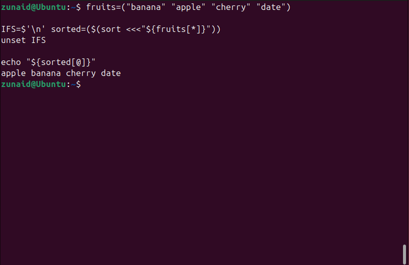 Classificando um array Bash em ordem alfabética em ordem crescente.