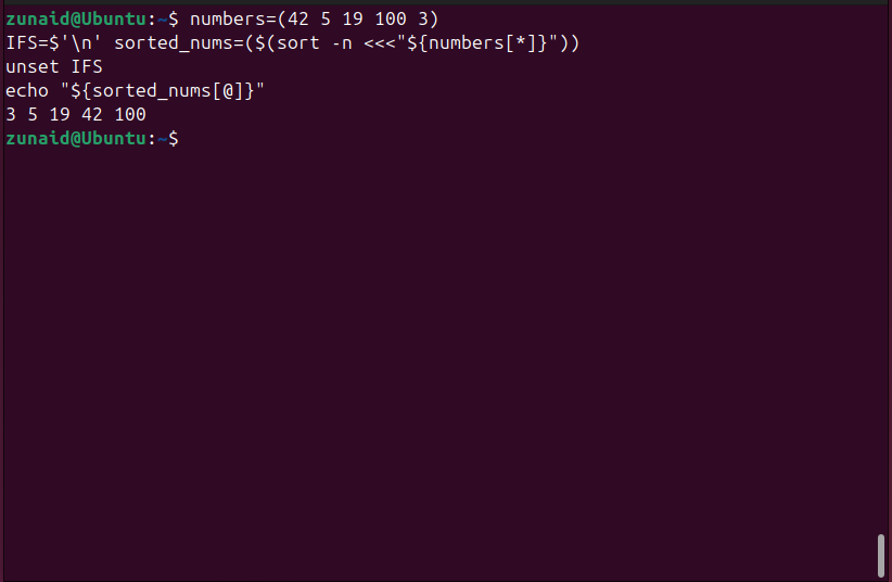 Classificando um array Bash numericamente em ordem crescente.