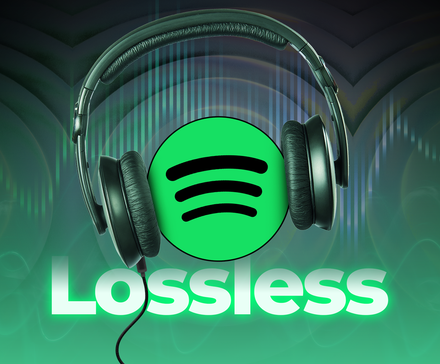 Spotify logo wearing headphones above the word 'Lossless,' with sound waves in the background.