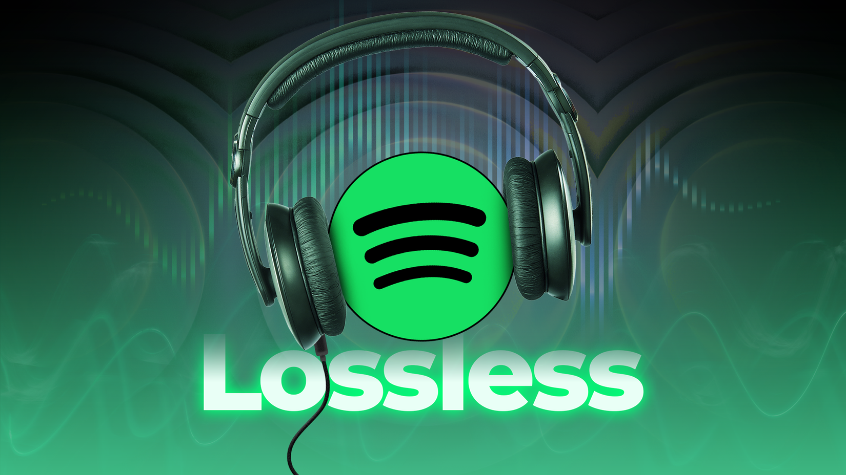 Spotify logo wearing headphones above the word 'Lossless,' with sound waves in the background.