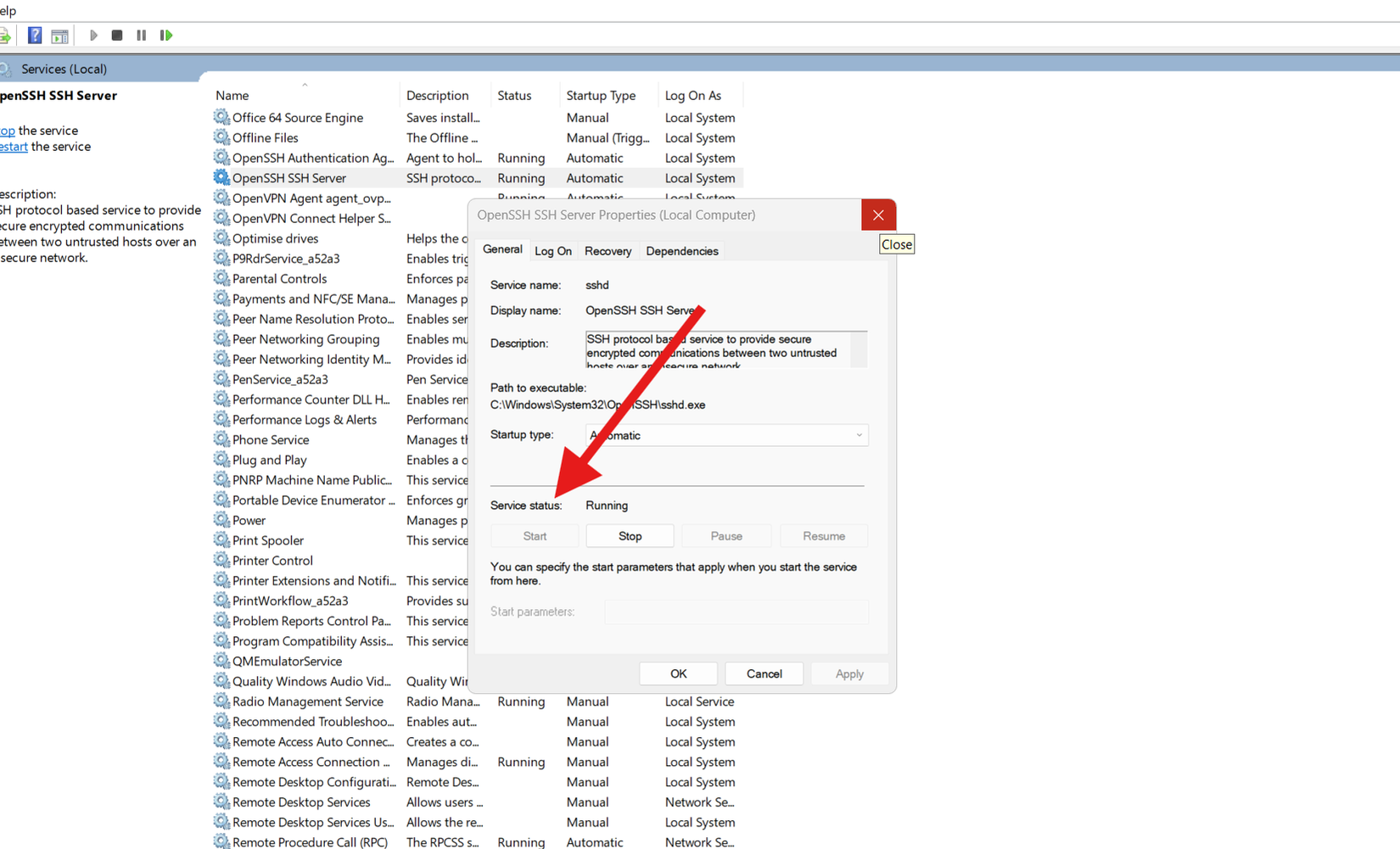 Starting the Open SSH server.
