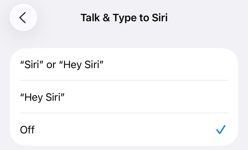 Talk & Type to Siri settings.