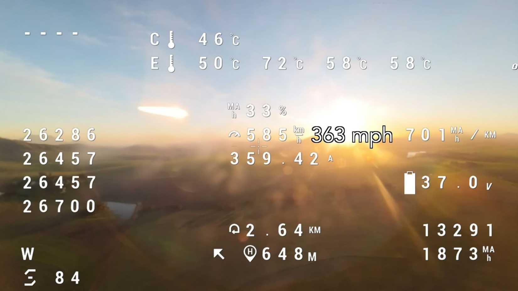 Telemetria do drone Peregreen 3 mostrando sua velocidade máxima de 363 mph.-1