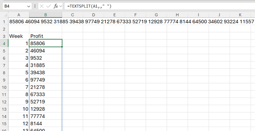 TEXTSPLIT is used to split a space-delimited string of numbers into individual rows in Excel.