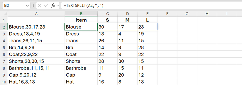 TEXTSPLIT used in Excel to separate text and numbers at the comma delimiter into four separate columns.