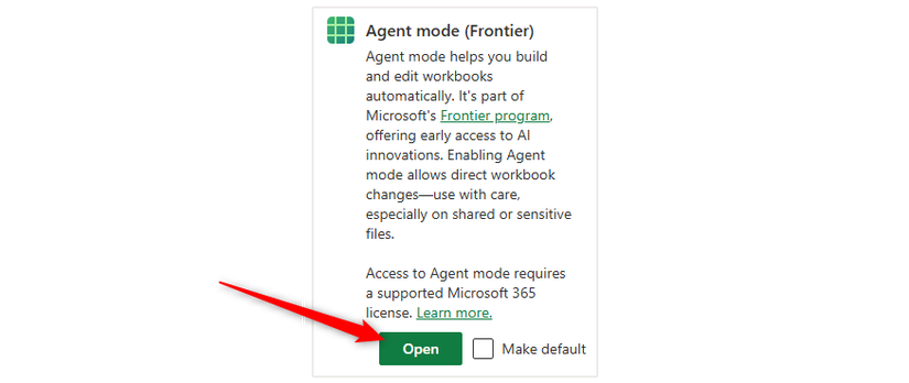 O recurso Modo Agente no Excel para a Web, com o botão Abrir selecionado.