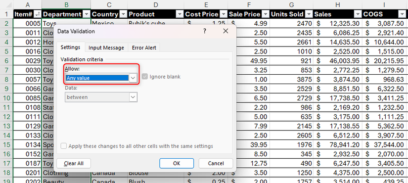 O campo Permitir na caixa de diálogo Validação de dados do Excel mostra 'Qualquer valor'.