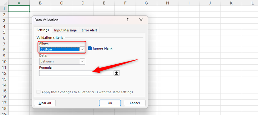 O campo Permitir na caixa de diálogo Validação de dados do Excel mostra 'Personalizado' e o campo Fórmula resultante é exibido.