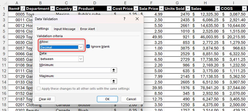 O campo Permitir na caixa de diálogo Validação de dados do Excel mostra 'Decimal'.