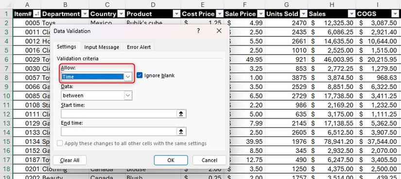 O campo Permitir na caixa de diálogo Validação de dados do Excel mostra 'Tempo'.