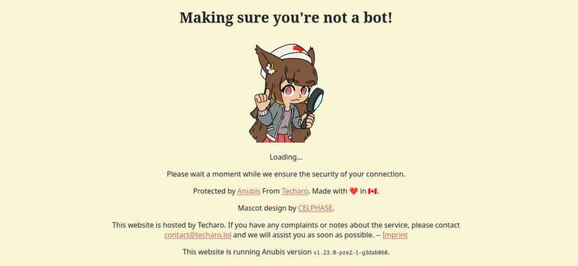The Anubis challenge page that reads "Making sure you're not a bot."