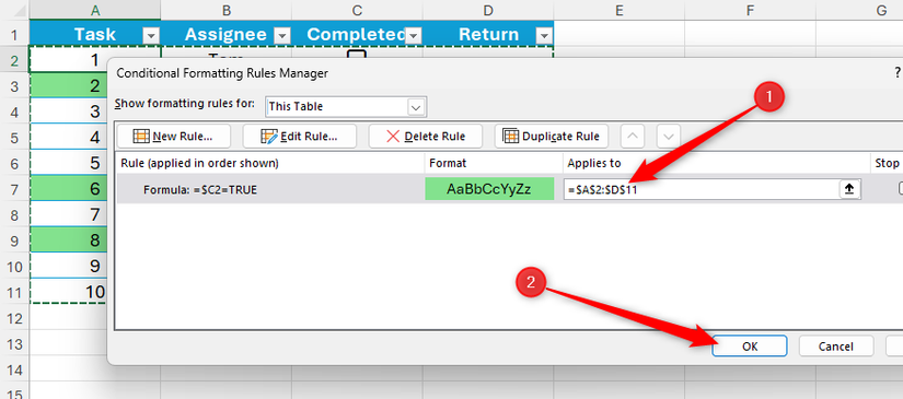 The Applies To field in Excel's Conditional Formatting Rules Manager is adjusted to account for an extra column added to the data.