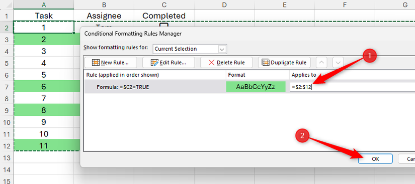 The Applies To field in Excel's Conditional Formatting Rules Manager is adjusted to account for an extra row added to the data.
