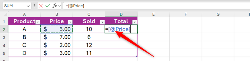 O sinal 'arroba' em uma referência de coluna de tabela em uma fórmula do Microsoft Excel.