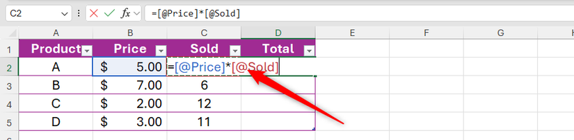 O sinal 'arroba' em uma referência de coluna de tabela em uma fórmula do Excel.