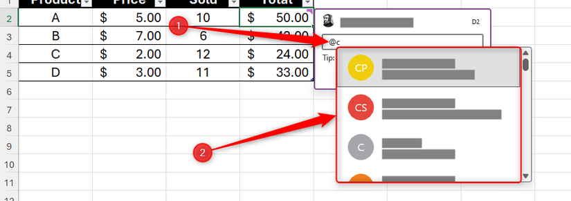 The 'at' sign is typed into a comment in Excel, followed by the letter 'c', to trigger a collaborator tag.